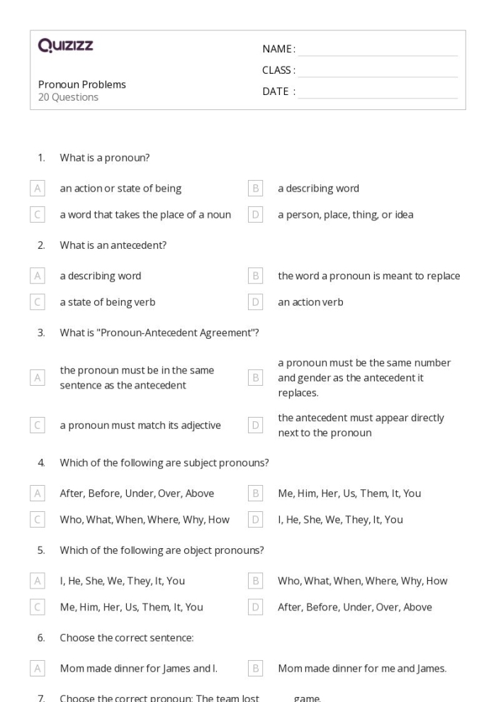 Correcting Pronouns in Sentences Practice Activity 18 Sixth grade grammar worksheet showing sentences with pronoun errors for students to identify and correct