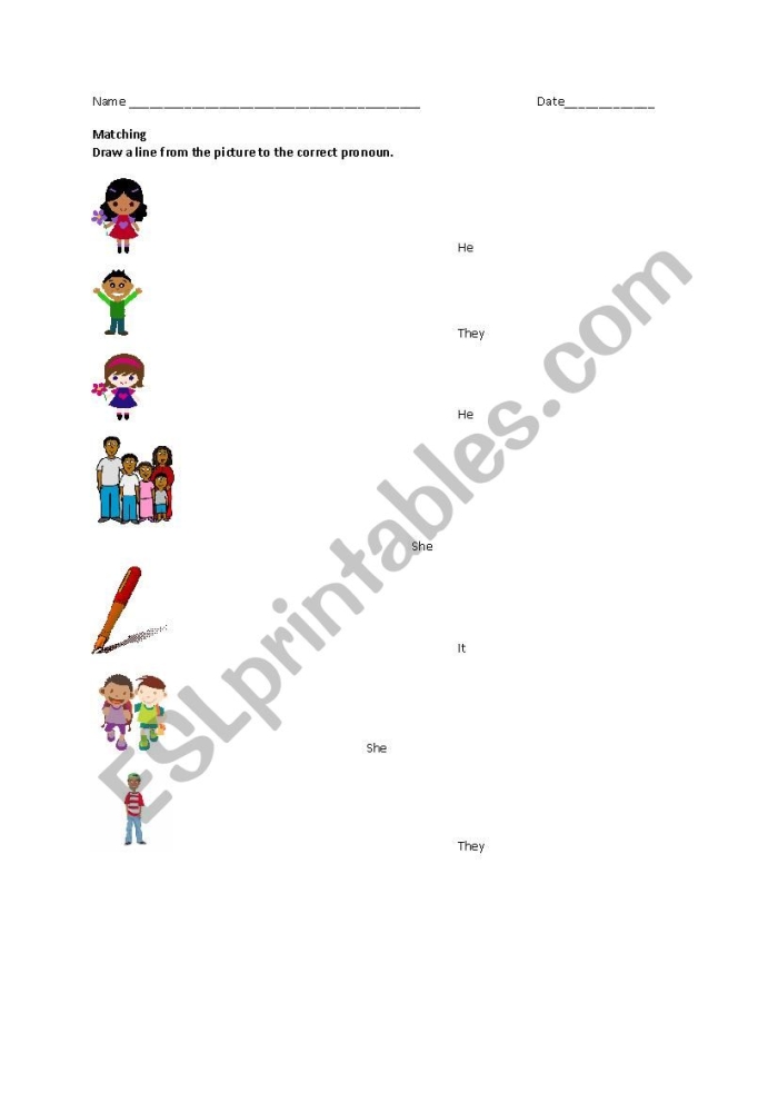 Title for Pre-K grammar worksheet on pronoun usage and matching skills Worksheet featuring a pronoun matching assessment for Pre-K students