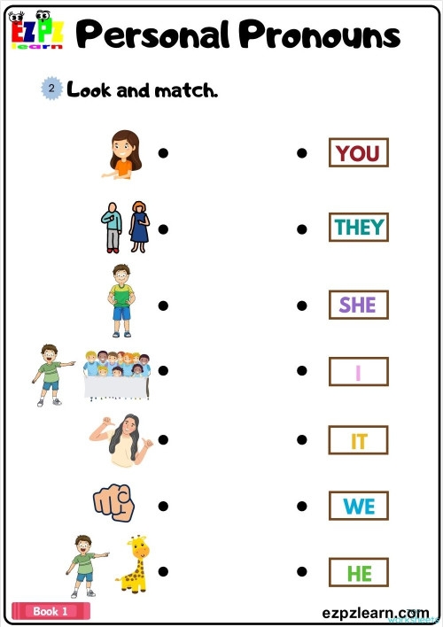 Assessment worksheet for matching pronouns in grammar and mechanics for young learners Worksheet featuring a pronoun matching assessment designed for Pre-K students