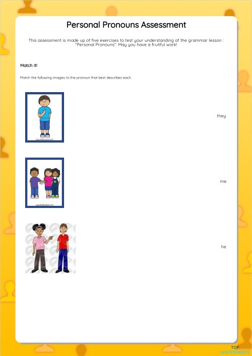 Grammar and Mechanics worksheet for Pre-K Colorful pronoun matching assessment worksheet for Pre-K students to enhance grammar skills. Engaging worksheet for young learners to practice and assess their understanding of pronouns.