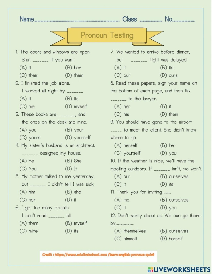Pronoun Matching Assessment Worksheet for Early Learners Colorful worksheet for pronoun matching assessment designed for Pre-K students