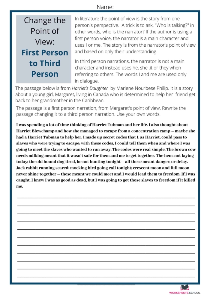 Pronouns and Point of View Practice Activity for Elementary Students Fourth grade grammar worksheet showing pronoun exercises for identifying and practicing different points of view in writing