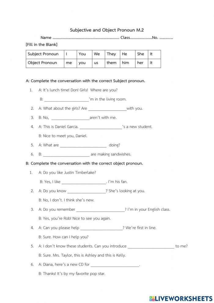 Second grade worksheet showing pronoun exercises where students select correct subject and object pronouns to complete sentences