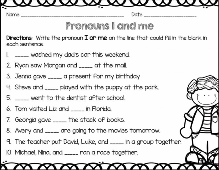 Pronouns in Compound Subjects and Objects: I vs. Me Worksheet Image 19 Worksheet for practicing pronouns I and me in compound subjects and objects for sixth graders
