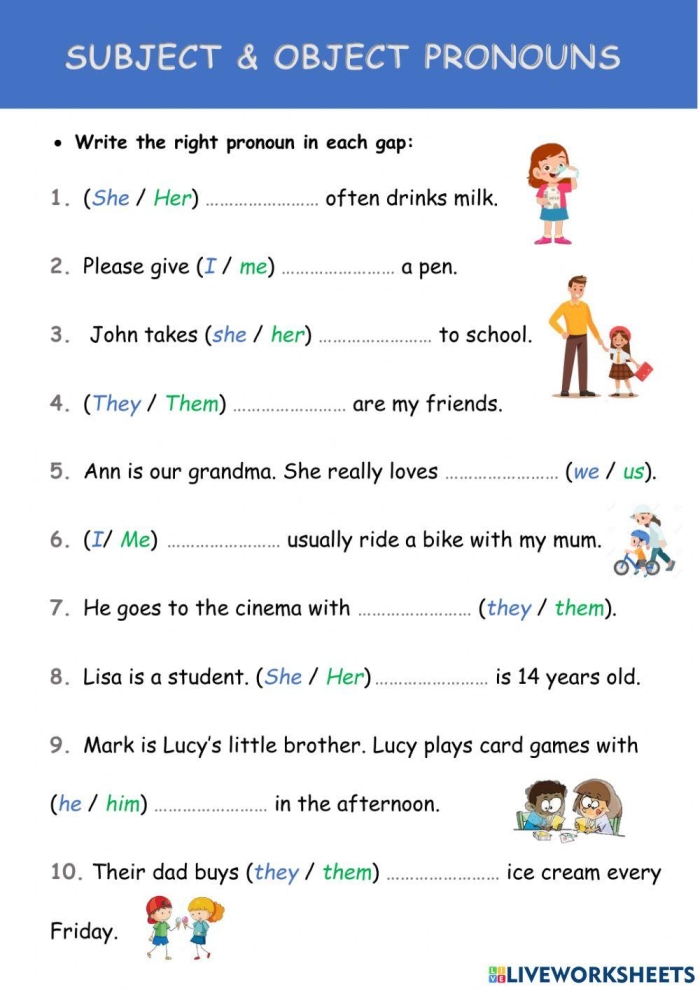 Pronouns in Compound Subjects and Objects: I vs. Me worksheet for Spanish learners Worksheet for practicing pronouns I and me in compound subjects and objects for sixth graders
