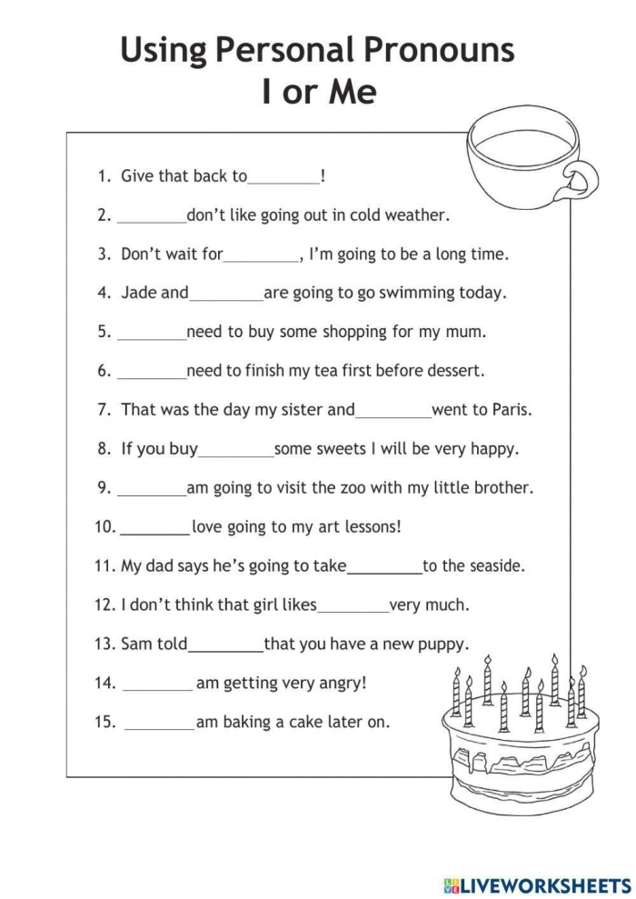 Pronouns in Compound Subjects and Objects: I vs. Me worksheet for Grade 6 students Worksheet for practicing I vs. me in compound subjects and objects for sixth graders in Spanish