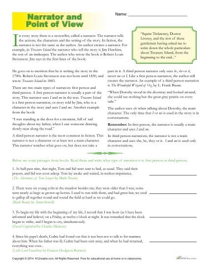 Pronouns and Point of View Practice Worksheet Number Seven Fourth grade student completing a grammar worksheet about identifying pronouns and point of view