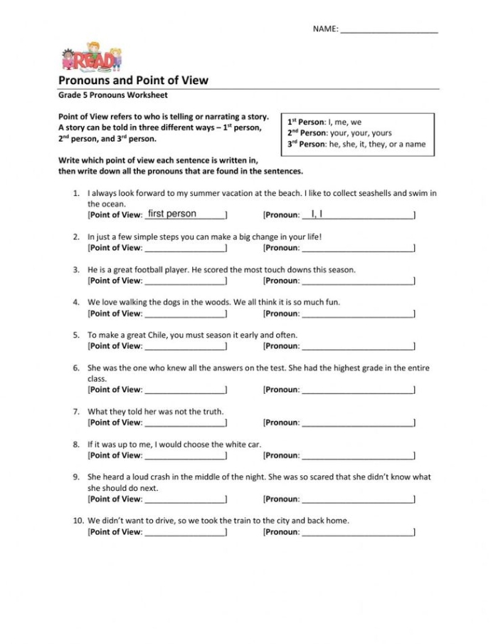 Pronouns and Point of View Grammar Exercise 4 Fourth grade worksheet page focusing on identifying pronouns to understand point of view in narratives