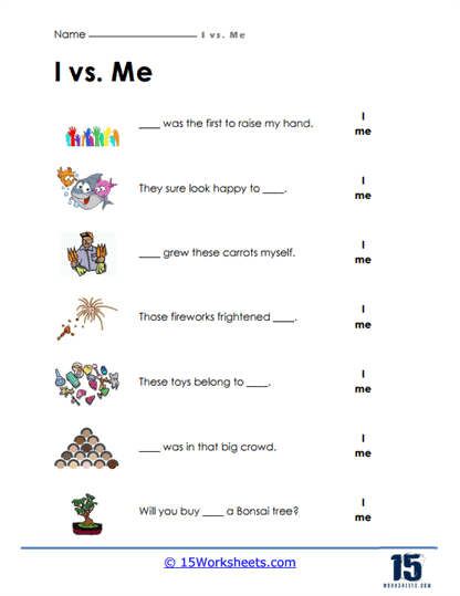 Spanish worksheet for Sixth Grade Worksheet for practicing pronouns in compound subjects and objects for sixth graders. Pronouns in Compound Subjects and Objects: I vs. Me worksheet image 3.