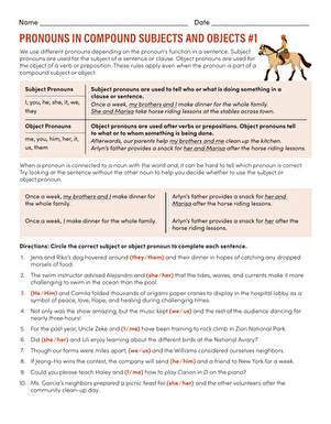 Spanish worksheet for Sixth Grade Worksheet illustrating the use of I and me in compound subjects and objects for sixth graders. Pronouns in Compound Subjects and Objects: I vs. Me worksheet for practice.