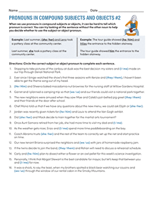 Pronouns in Compound Subjects and Objects: I vs. Me worksheet for Spanish learners Worksheet illustrating the use of I vs. Me in compound subjects and objects for sixth graders