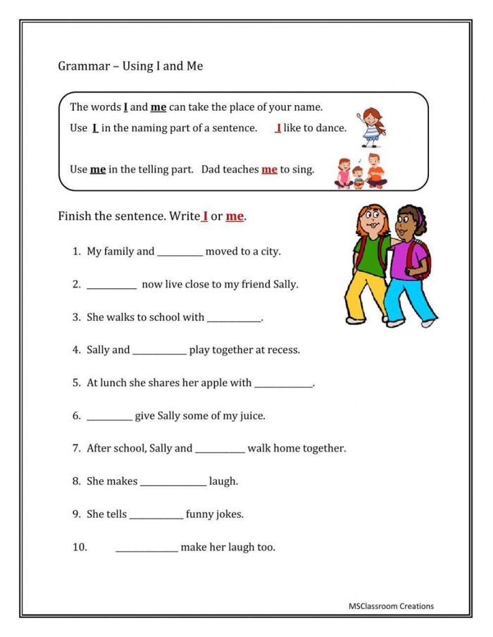 Spanish worksheet for Sixth Grade Worksheet showing examples of pronouns in compound subjects and objects, focusing on I vs. me for sixth graders. Pronouns in Compound Subjects and Objects: I vs. Me worksheet for Spanish learners.