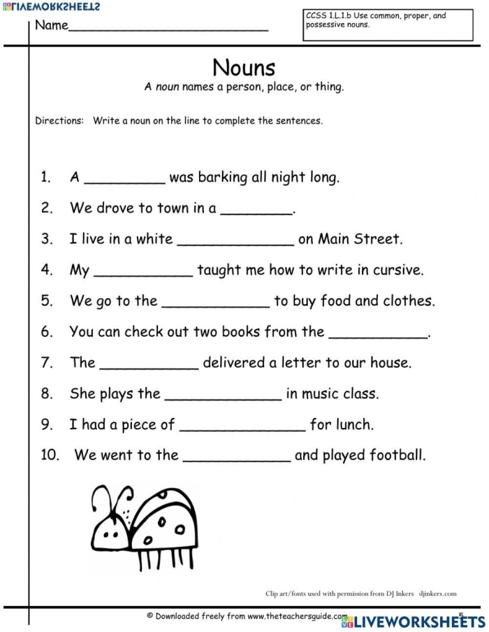 Nouns Make It Proper Third Grade Reading and Writing Practice Activity 21 Third grade worksheet showing common nouns with blank spaces where students write matching proper nouns as examples
