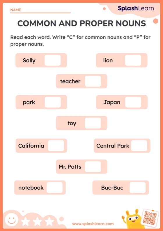 Nouns: Make It Proper - Grade 3 Writing Practice Activity 20 Third grade worksheet showing common nouns with blank spaces where students write matching proper nouns as examples