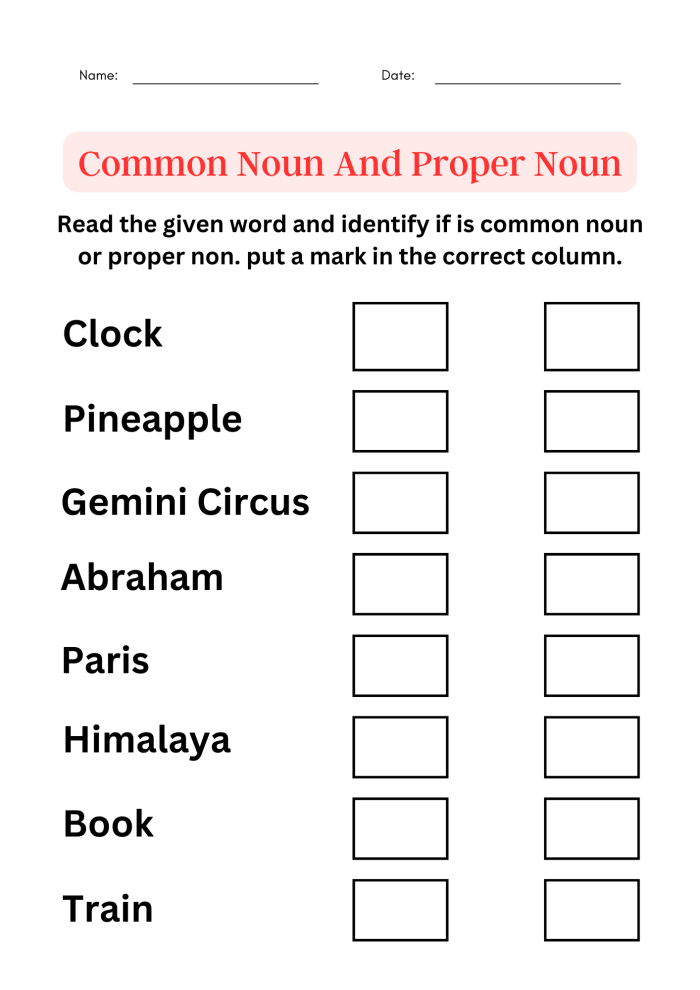Nouns: Make It Proper - Grade 3 Writing Exercise 17 Third grade worksheet showing common nouns with blank lines where students write matching proper nouns for practice