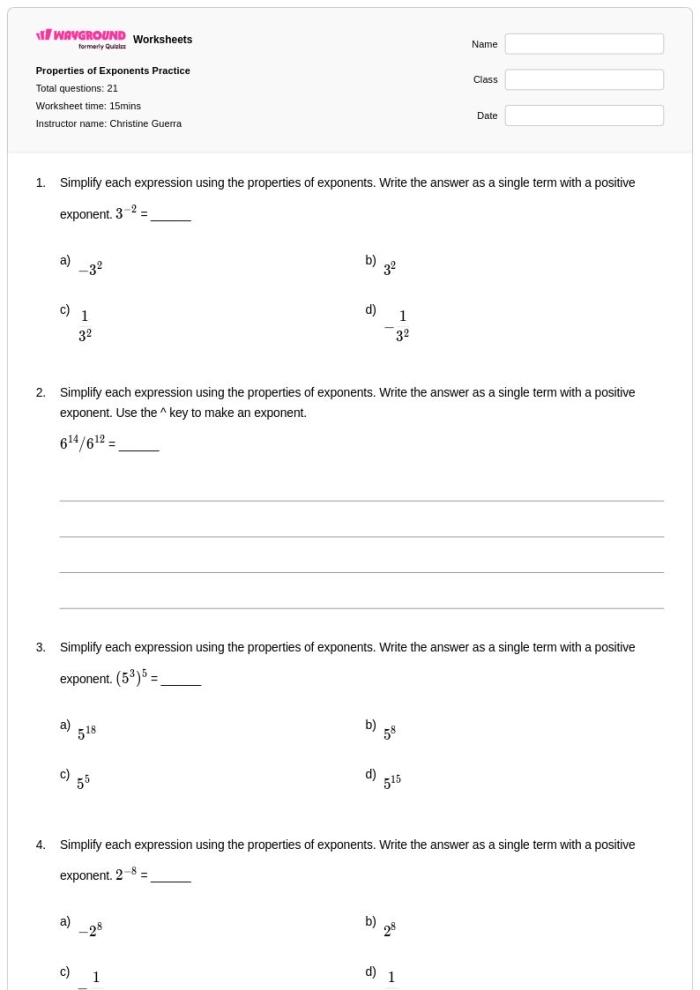 Eighth grade properties of exponents practice worksheet for simplifying expressions