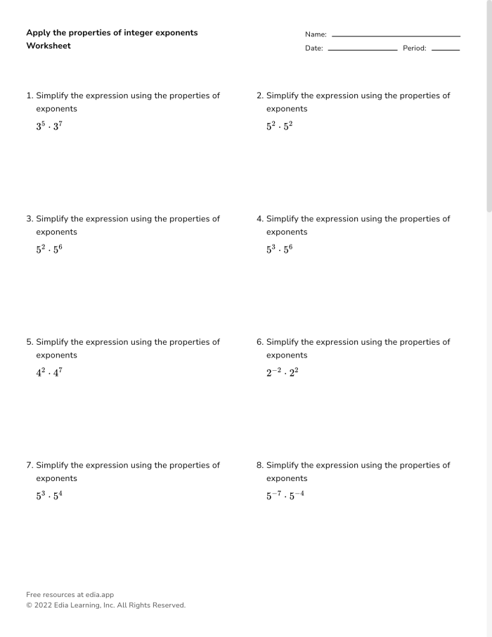 Eighth-grade math worksheet on properties of integer exponents for practice