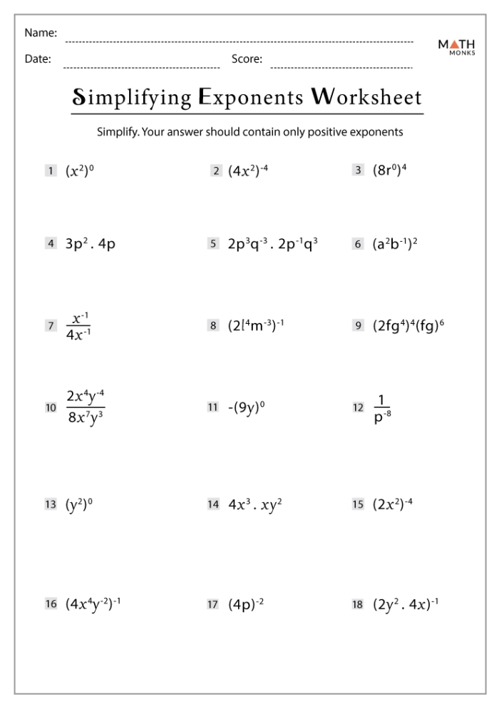 Eighth grade math worksheet showing properties of exponents rules and examples for multiplication