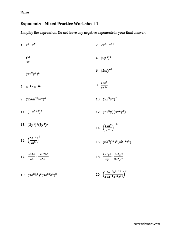 Eighth grade math handout covering multiplication rules for exponent properties