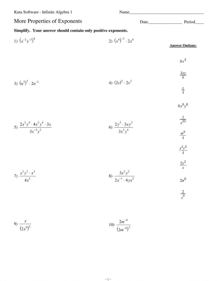 Eighth grade math worksheet focusing on simplifying algebraic expressions using properties of exponents