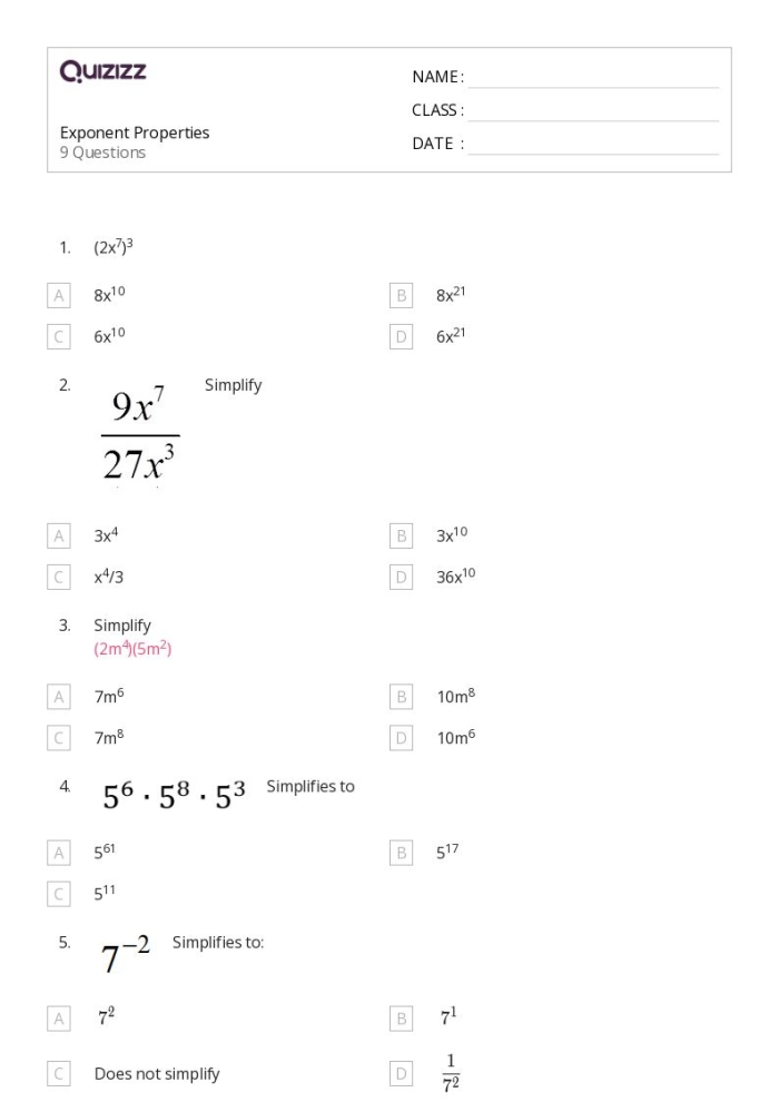 Eighth grade math worksheet showing problems for practicing properties of integer exponents