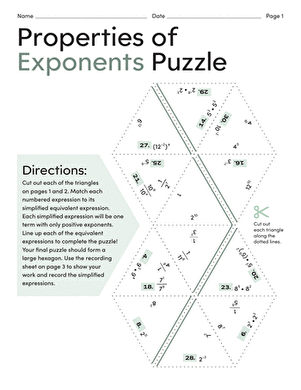 Eighth grade math worksheet focusing on simplifying algebraic expressions using properties of exponents