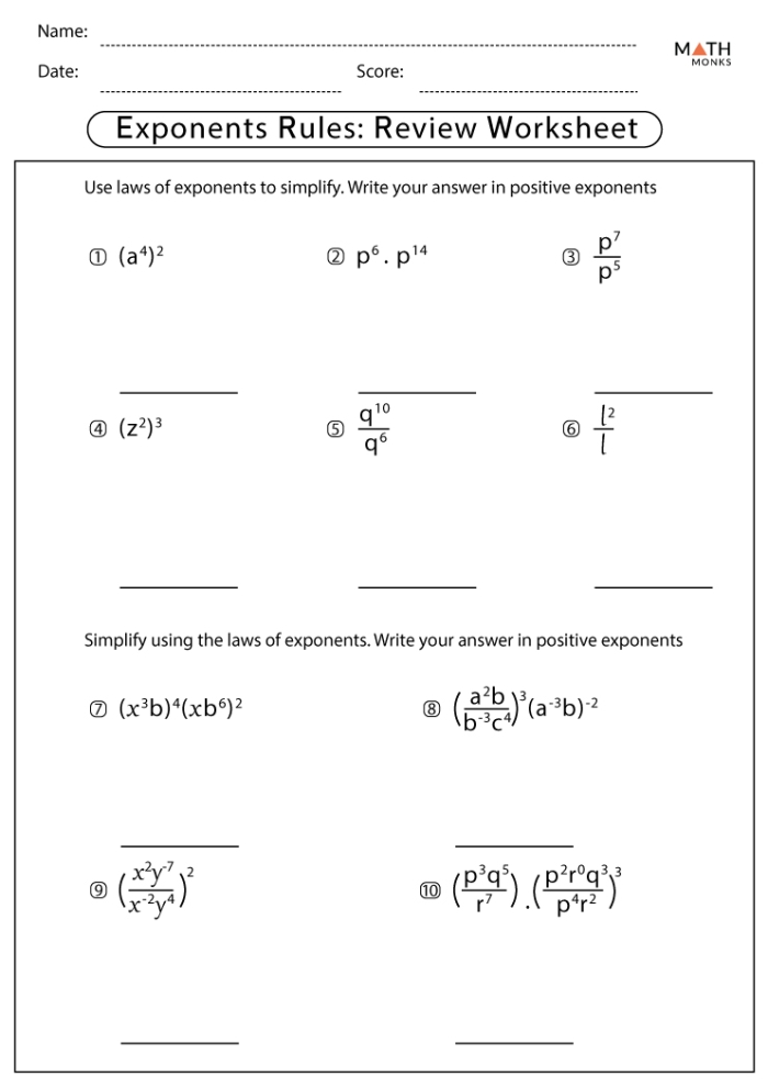 Eighth grade student working on a Properties of Exponents worksheet page