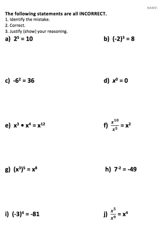 Eighth grade math worksheet focusing on evaluating true or false exponent property equations with fractions