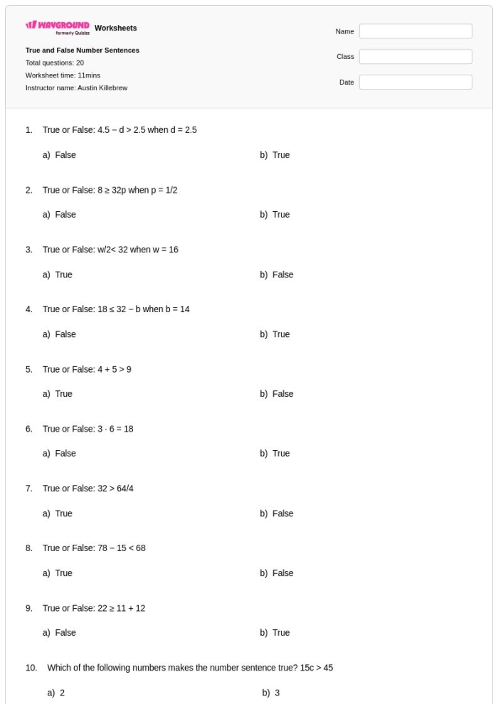 Properties of Exponents: True or False worksheet for Eighth Grade