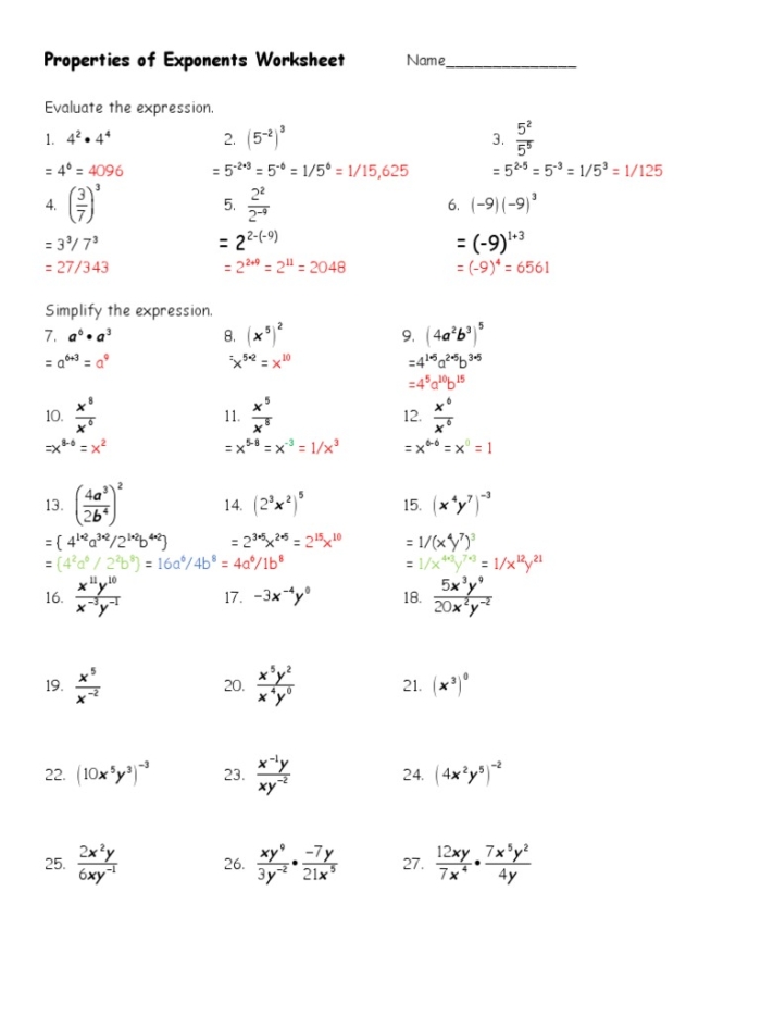 Properties of Exponents worksheet for eighth-grade students focusing on integer exponents