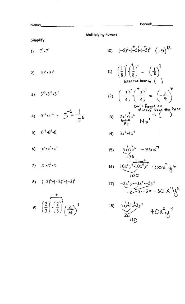 Properties of Exponents worksheet for eighth-grade students focusing on integer exponents