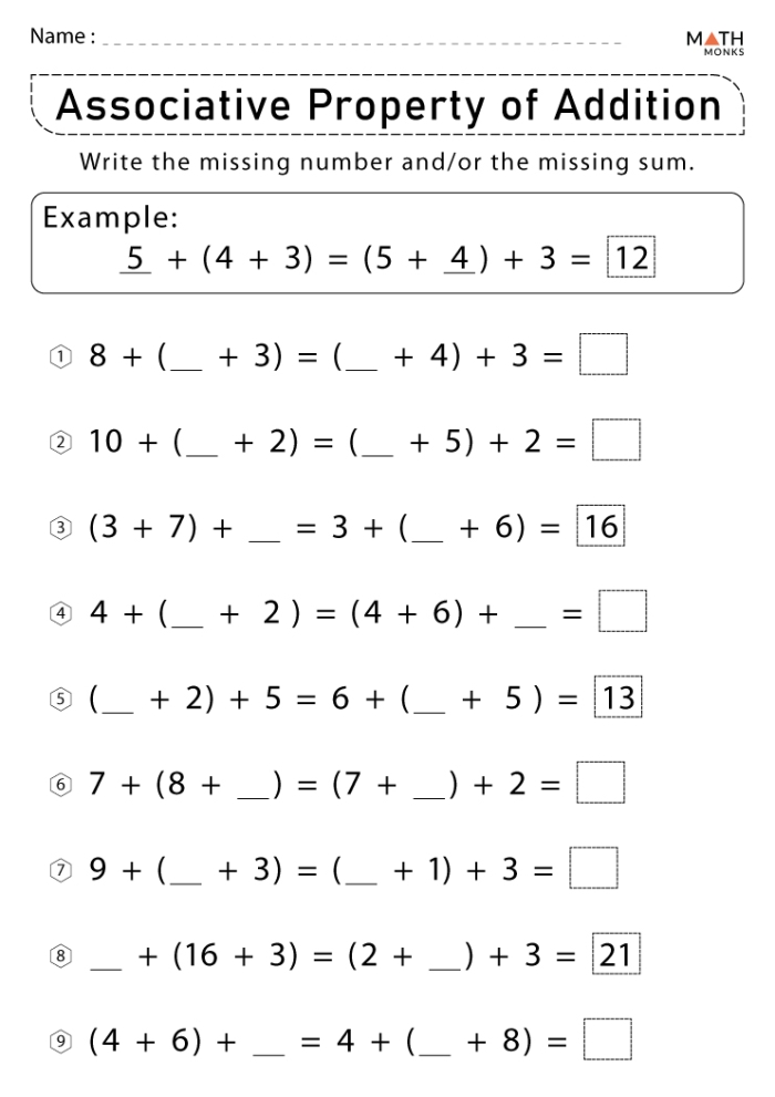 Worksheet illustrating the associative property of multiplication for third graders