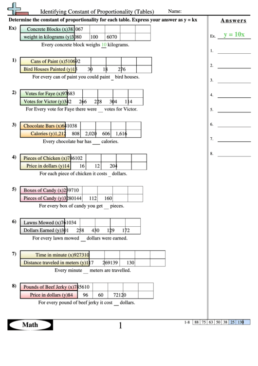 Seventh Grade Proportionality Worksheet with Coordinate Graph Example 8 A seventh grade math worksheet showing a coordinate graph with a proportional relationship line and questions asking students to find the constant of proportionality