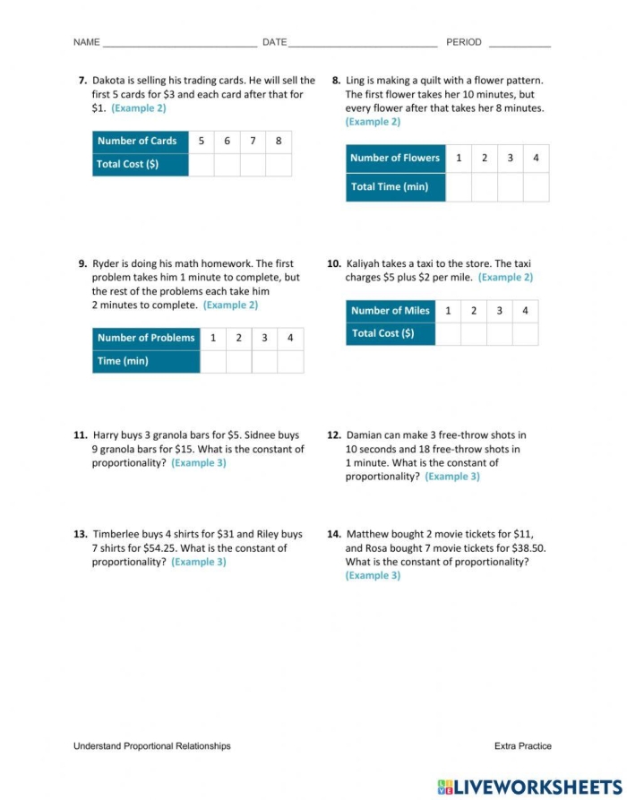 Seventh grade math worksheet focusing on identifying proportional relationships from data tables