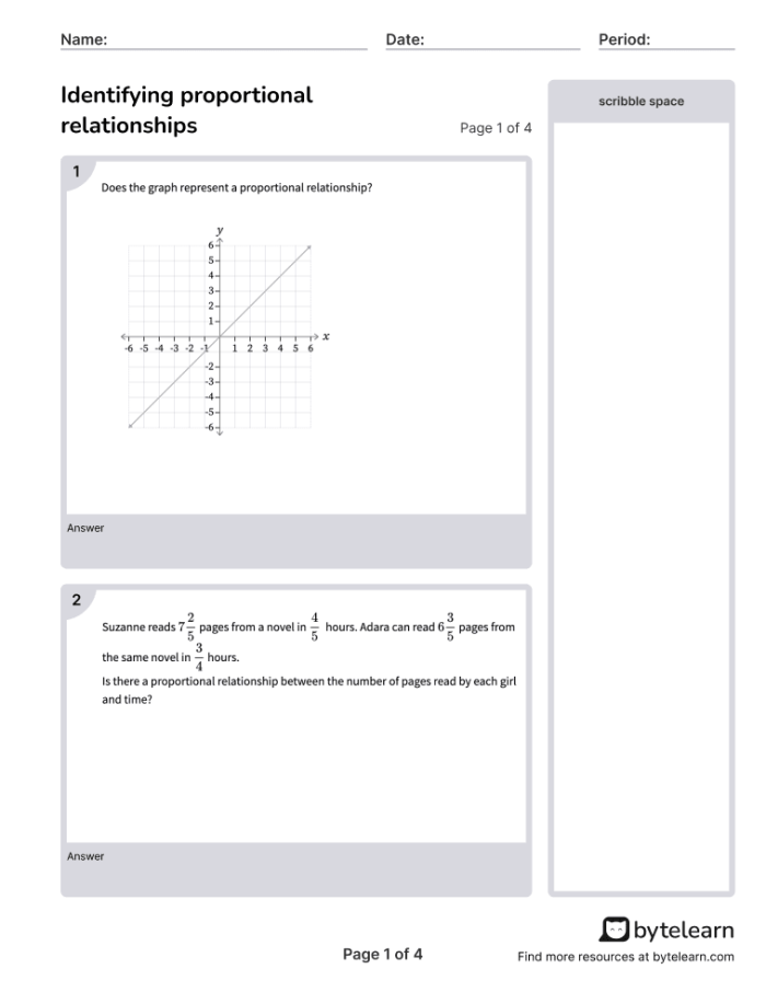 A seventh-grade student working through a proportional relationships graph analysis problem on an algebra worksheet
