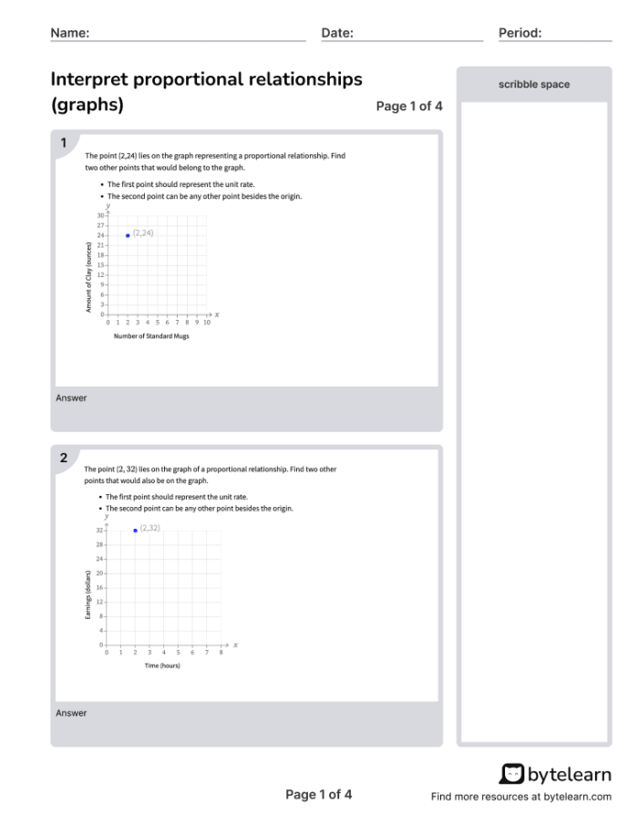 Eighth grade math student completing a worksheet on graphing proportional relationships and finding constants