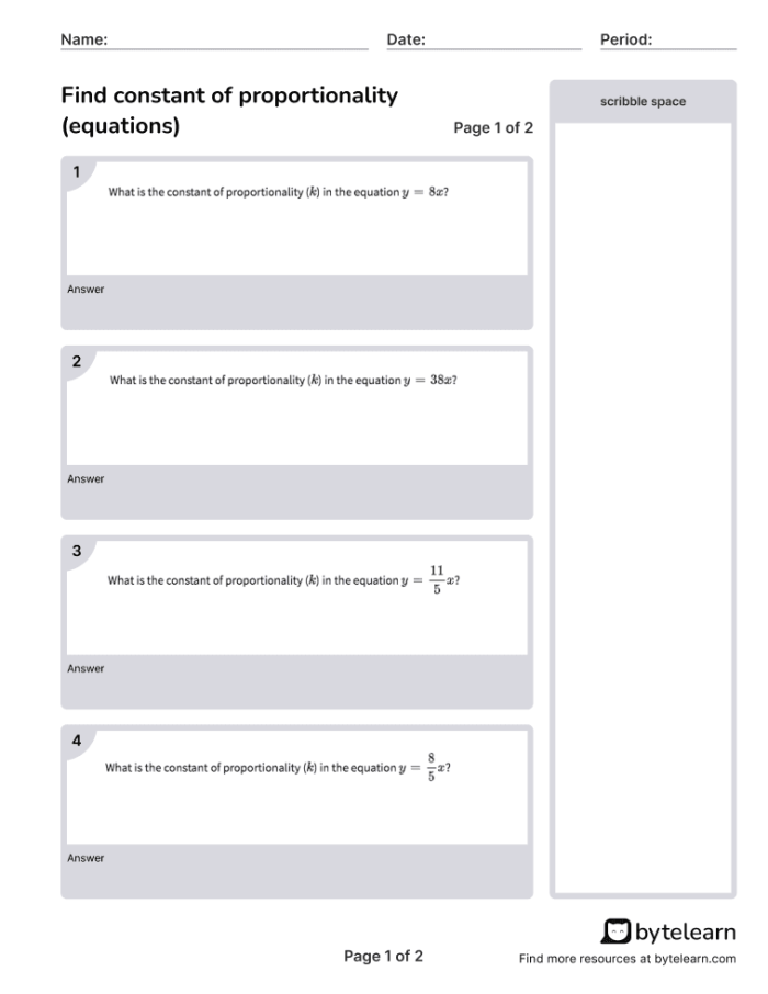 A seventh-grade math worksheet showing tables and graphs with proportional relationships for finding the constant of proportionality