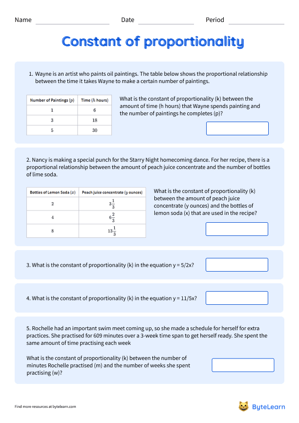Finding the Constant of Proportionality From Tables Math Worksheet for Grade 7 Seventh grade student working through a proportional relationships table to calculate the constant of proportionality using multiplication