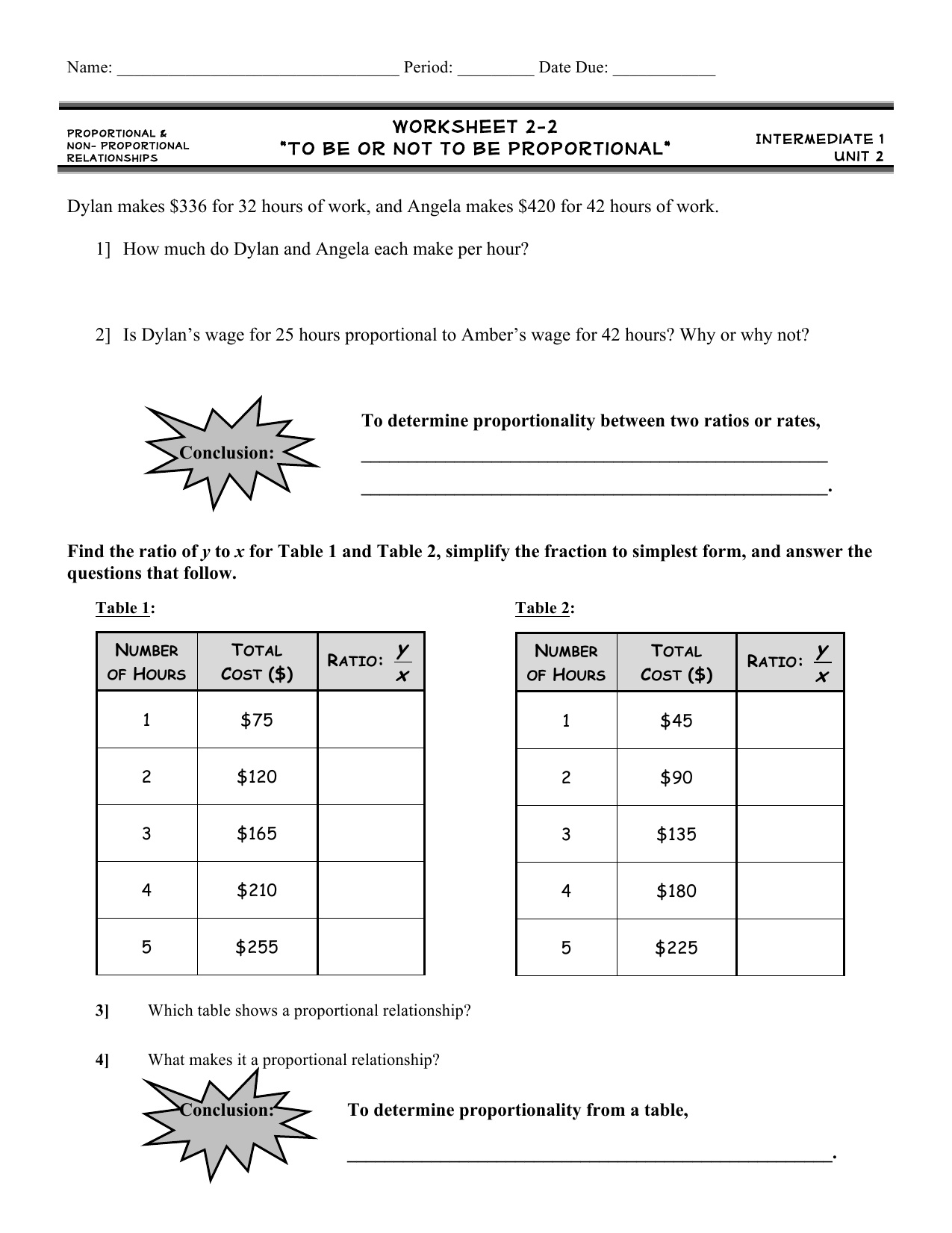 Comparing Proportional Relationships Practice Problems for Middle School Math Eighth grade student solving proportional relationships word problems on a math worksheet with equations and ratios