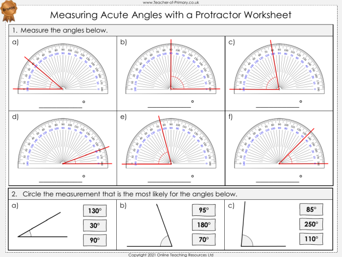 Fourth grade student using a protractor to measure angles on a math worksheet