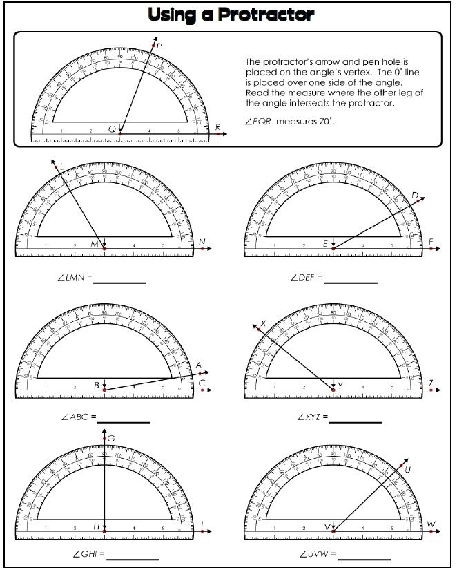 Fourth grade student using a protractor to measure angles on a measurement worksheet