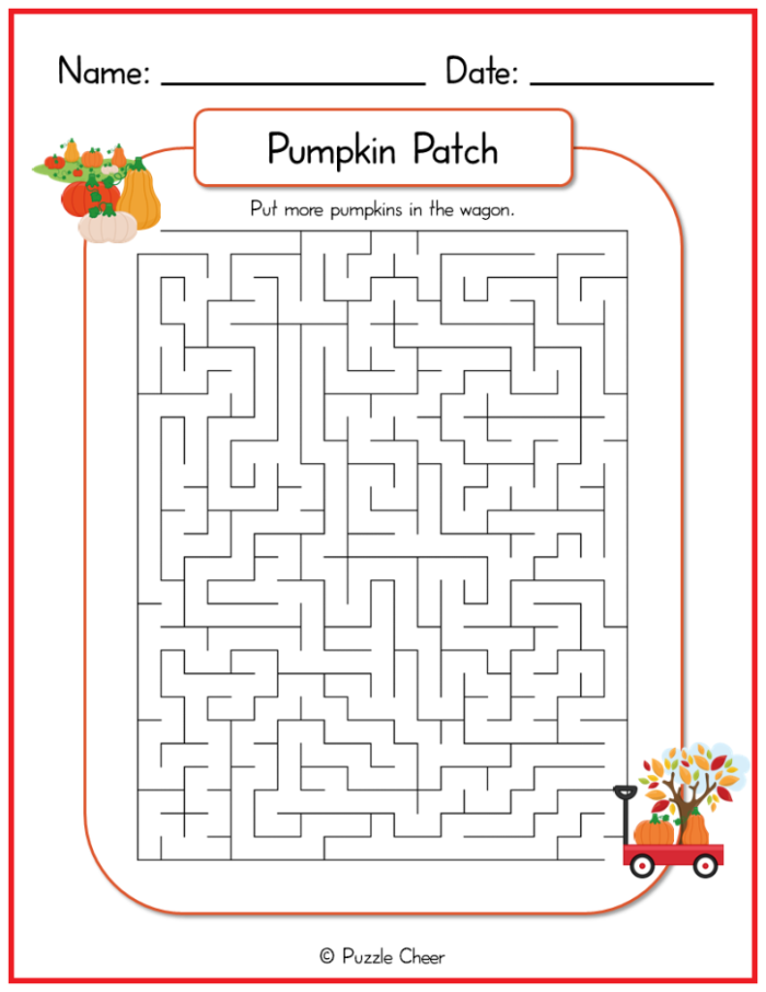 Colorful pumpkin maze worksheet for Pre-K students to navigate through