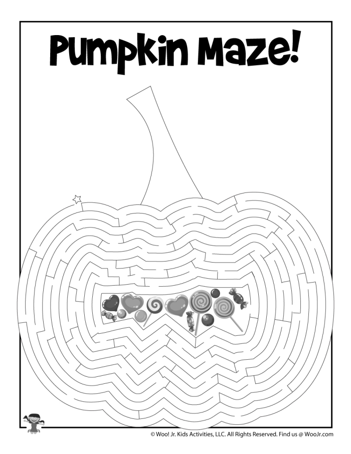 Colorful pumpkin maze worksheet for pre-K students to navigate through