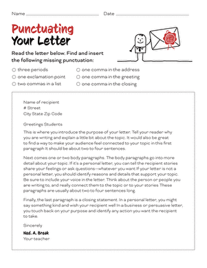 Punctuating Your Letter Worksheet Twenty-One for Fourth Grade Alphabet Skills A fourth grade worksheet featuring a letter with missing punctuation for students to edit