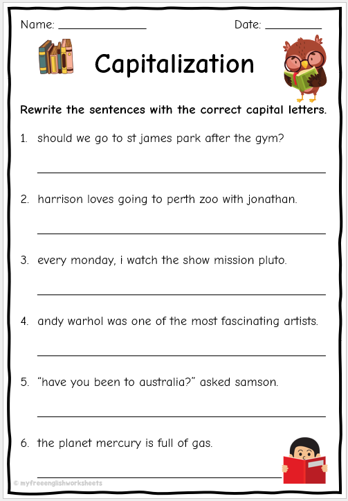 Fifth grade student completing a punctuation and capitalization practice worksheet