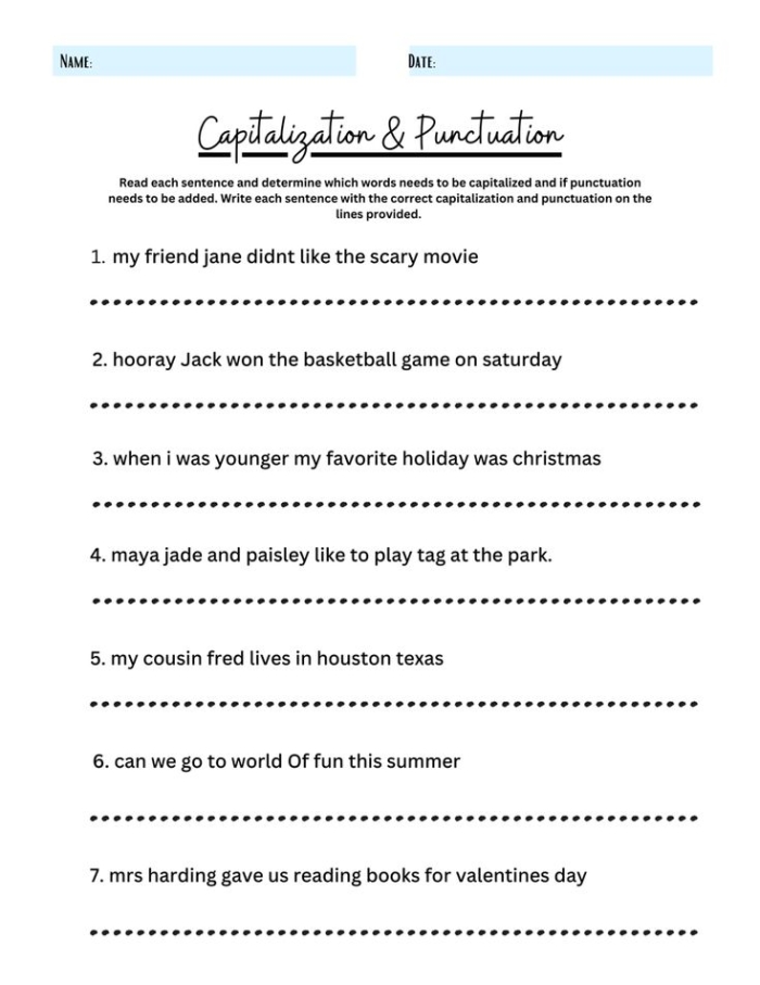 Third grade student practicing punctuation and capitalization corrections on worksheet 14