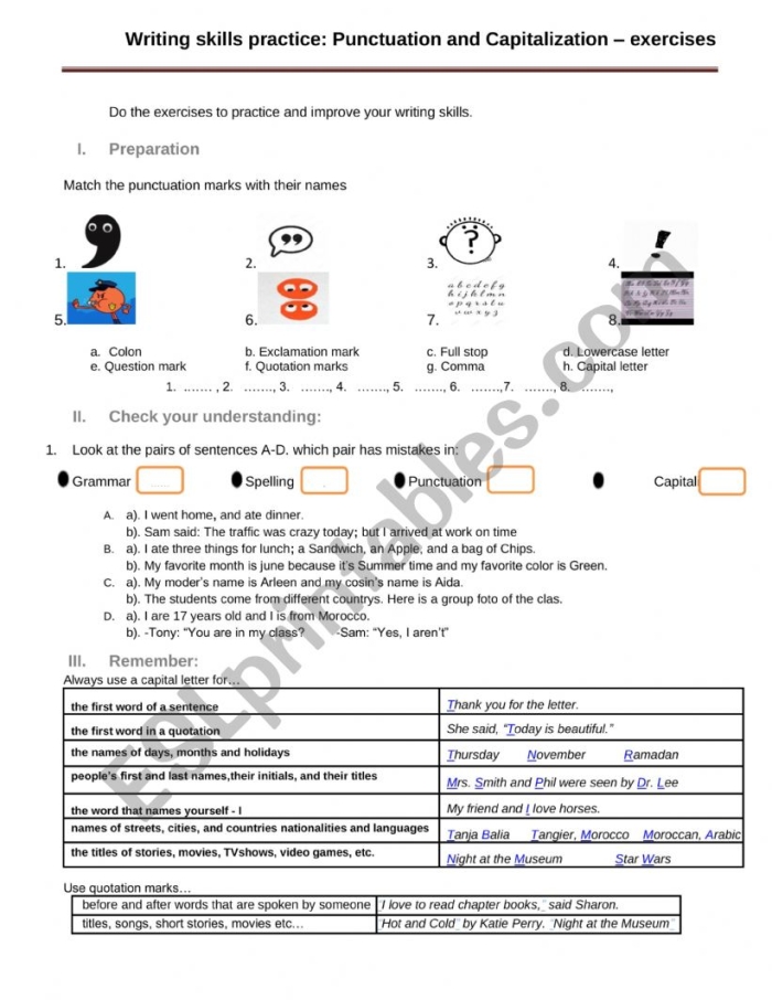 Third grade worksheet focusing on punctuation and capitalization skills for data and graphing lessons