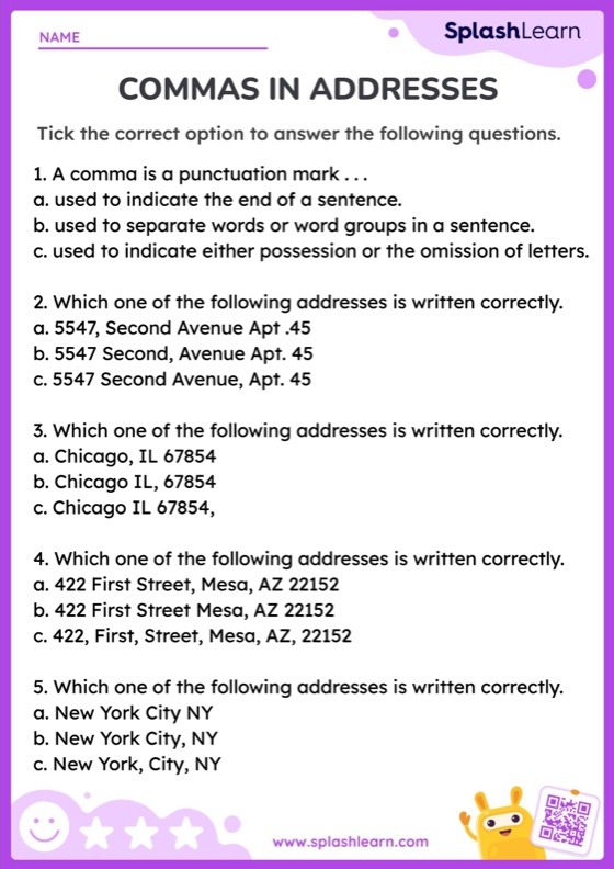 Perfect Punctuation worksheet focusing on commas in dates and addresses for Grade 3 Worksheet on perfect punctuation featuring commas in dates and addresses for third graders