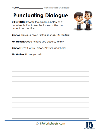 Worksheet for practicing punctuation in dialogue for fourth graders