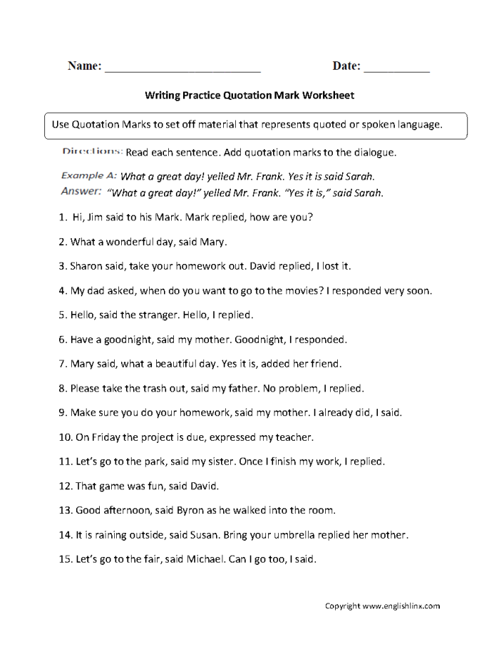 Worksheet for practicing punctuation in dialogue for fourth graders